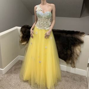 Stunning Floral Lace One Shoulder Party Dress, Rhinestones Ball Gown